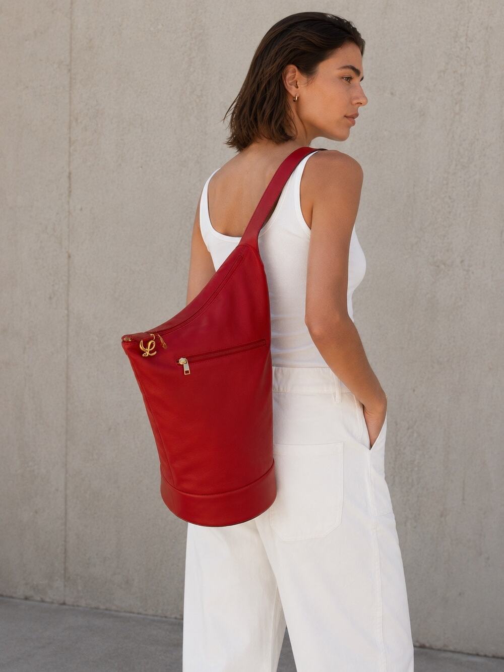 Loewe Anton Large Sling Backpack Red Leather Purse Anagram Gold Charm Bag